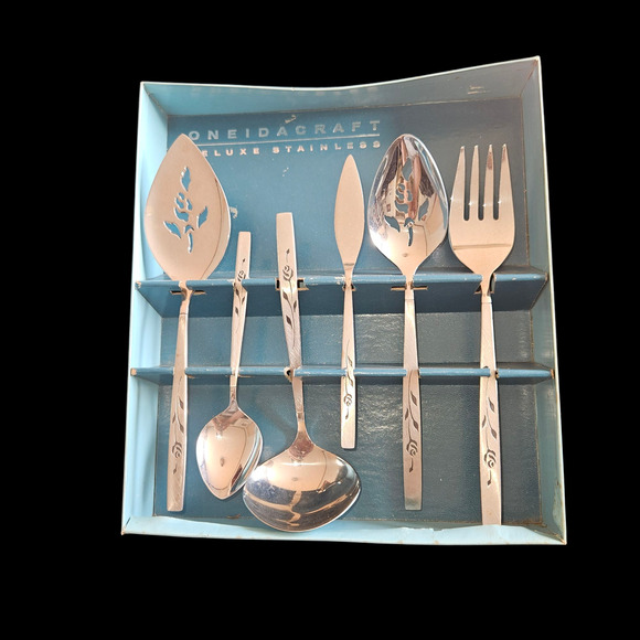 Oneidacraft Deluxe Stainless Rose Pattern Flatware Serving Set NIB w/ Box - Picture 1 of 4